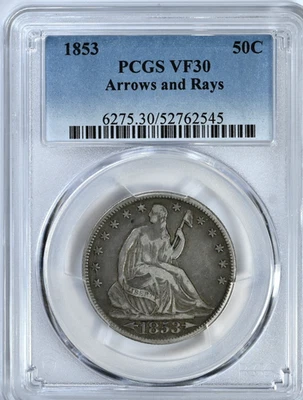 1853 Half Dollar Seated Liberty Arrows & Rays PCGS VF30 Graded Coin 6275 - Image 1 of 2