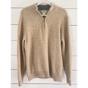 LL Bean Sweater Mens Tan Shetland Wool Corduroy Elbow Patch Quarter Zip Large - Picture 1 of 10