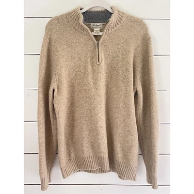 LL Bean Sweater Mens Tan Shetland Wool Corduroy Elbow Patch Quarter Zip Large - Image 1 of 4