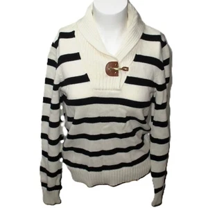 LRL Ralph Lauren Lobster Clasp Shawl Neck Sweater Women Small Cream Black Stripe - Picture 1 of 24