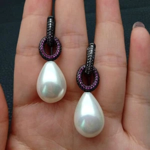 Teardrop White Sea Shell Pearl Red Cz Pave Ring Stud Earrings - Picture 1 of 6