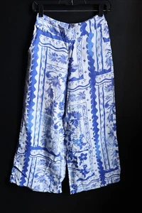 Joie Womens Linen Pants Blue Floral Wide Leg Drawstring Cropped Beachy Costal S - Picture 1 of 11