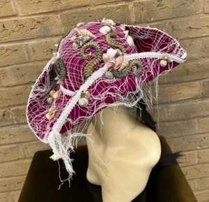 Purple White Tricorn Pirate Hat Renaissance Wool 57cm Tentacles Net Shells (2)o - Picture 1 of 8