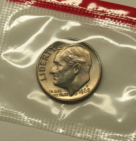 1968 D Uncirculated Roosevelt Dime in Mint Cello, Free Shipping Cover