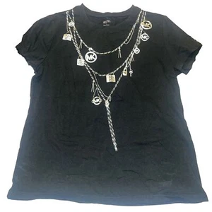 MICHAEL KORS Black Silver Metallic CHAIN MK LOGO Necklace T-SHIRT M Belt Top - Picture 1 of 10