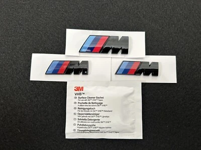GLOSS BLACK BMW M BOOT BADGE (55 x 20mm) AND 2X M WING BADGES. FREE ALCOHOL WIPE