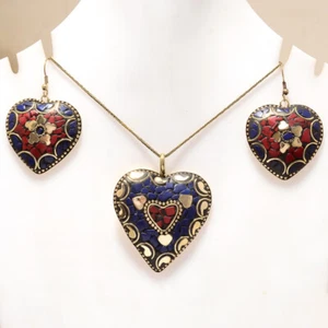 Lapis Lazuli & Red Coral Gemstone Gold Plated Tibetan Pendant Earring Set 2'' - Picture 1 of 1