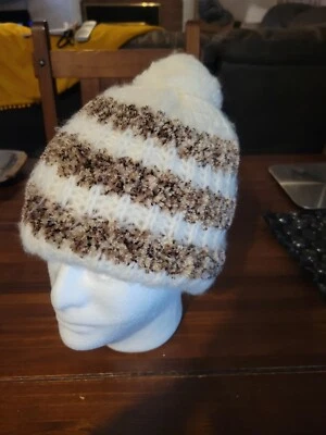 Vintage St Michael Knit Pom Beret Cap Hat Made In Italy Cream W/Brown Beanie - Image 1 of 4