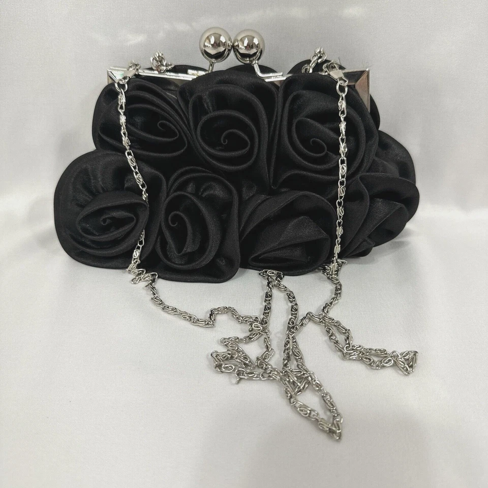 Mujer Negro Noche Bolso sin asas Floral Bolso de mano Fiesta Cartera Desmontable Cadena Correa Foto 1 de 4