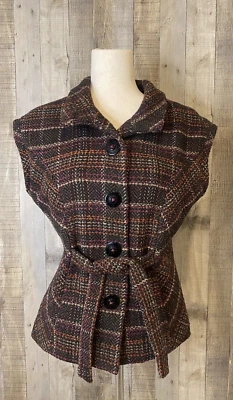 Chaqueta Chaleco CAbi Marrón Forrada a Cuadros Cincha Cinturón Abotonada Mezcla Lana Talla M Foto 1 de 4
