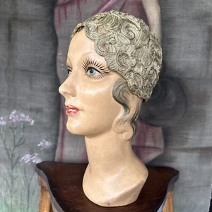 Antique 1920s Gold Lamé Cloche Wig Hat Bullion Net Flapper Metal Cap Vintage - Picture 1 of 9