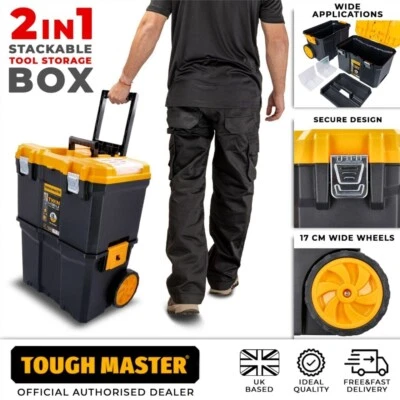 Stackable Tool Storage Box 19" on Wheels with Tote Tray and Compartments