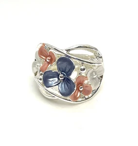 Silver Blue Flower Ring Statement Adjustable Stretch Women Birthday Gift Bag - Picture 1 of 4