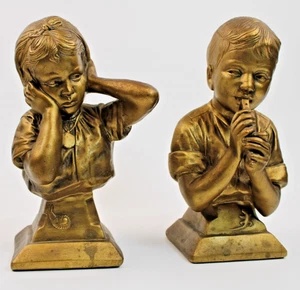 Fermalibri vintage Esco ragazzo e ragazza gesso busto E. Villanis tono oro - Foto 1 di 17