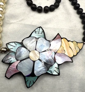 Vintage Lee Sands Necklace Flowers Shell Statement Beaded 28" - Picture 1 of 13