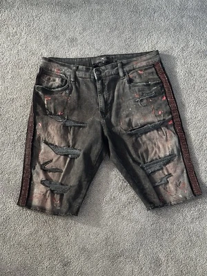 "Pantalones cortos para hombre Jordan Craig negros rojos estrás desgastados pintura rasgada talla 36""" Foto 1 de 4