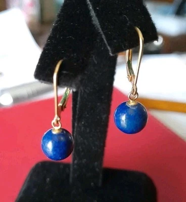 14ct not 9ct Fine Natural Lapis Lazuli Ball Drop Dangle Earrings - Image 1 of 4