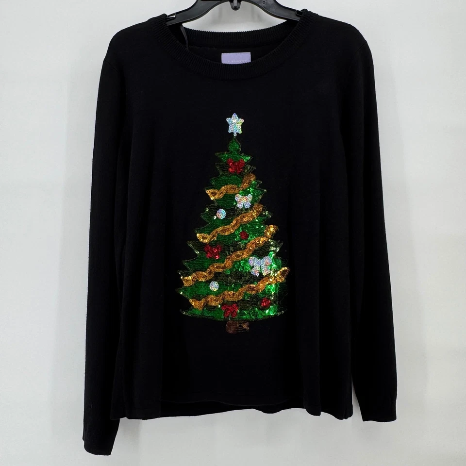 Suéter feminino Laura Scott lantejoulas pretas árvore de Natal manga comprida gola redonda GG - Imagem 1 de 4