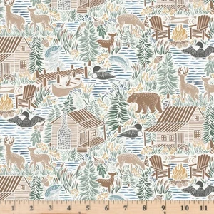 Lakeside Days Ecru Scenic Lake Deer Cabin 5732E Cotton Fabric Quilt By half yard - Picture 1 of 2