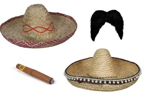 SOMBRERO DE PAJA MEXICANO Sombrero Añadir Cigarro Bigote Bandido Elegante Vestido Accesorio - Imagen 1 de 7