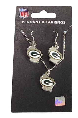 Green Bay Packers Wisconsin Home State Dangle Earrings and Necklace Jewelry Set Cover