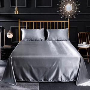 Luxury Flat Sheet Satin Silk Bed Sheets Single Double King Silky Flat Bed Sheets - Picture 1 of 21
