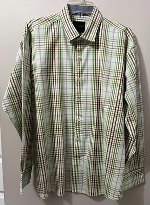 Linea Uomo Shirt Men’s L Green Brown Purple Plaid Long Sleeve Flip Cuff Button - Image 1 of 4