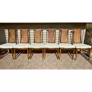 VTG MCM Walnut Cane Back Dining Chairs Bassett Furniture Set/6 Local for Pick-Up - Picture 1 of 23
