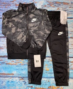 Nike Camo Tricot Set/ Track Suit 2PC Jacket/Pants Black/Gray Boys Size 5 - Picture 1 of 5
