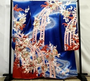 Japanischer Kimono SEIDE "FURISODE" klassisches Muster, GLD-Faden, GLD/SIL-Blatt, L5'3".4561 - Bild 1 von 13