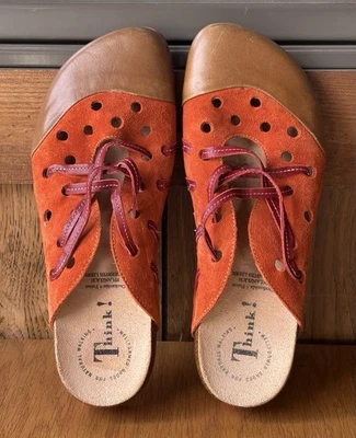 Sandalias sin cordones Think naranja de cuero rojo zuecos para mujer talla 9 Foto 1 de 4