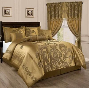 Full Queen Cal King Size Bett Massiv Gold Blumen Damast 7 Stck Bettdecke Set Bettwäsche - Bild 1 von 4