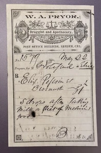 Pre 1905 Antique Prescription W. A. Pryor Druggist & Apothecary Shasta Cal - Picture 1 of 2