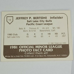1981 Salt Lake City Gulls Minor League TCMA #16 Jeffrey P. Bertoni (A)