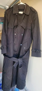 London Fog Towne Black Trench Coat Men 42 Long Double Breasted Zip Out Fur Liner - Picture 1 of 19