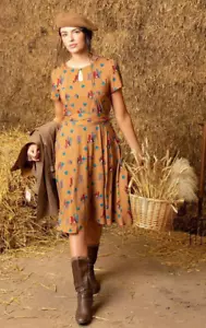 Lindy Bop Squirrel Dress Mustard Vintage Retro 1940s Tea Day Dress Size 8 - Picture 1 of 5