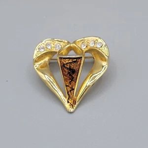 Gold Tone Heart Brooch With Sparkly Rhinestones Brown Enamel Inlay - Picture 1 of 7