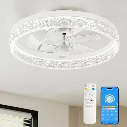  Ceiling Fans with Lights and Remote, 20 Inch Crystal Style Flush Mount White - Image 1 of 4