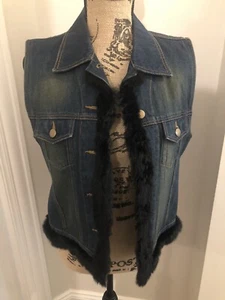 Mixit Denim Distressed Vest With Rabbit Fur Trim. Dark Wash. Size Medium. - Picture 1 of 8
