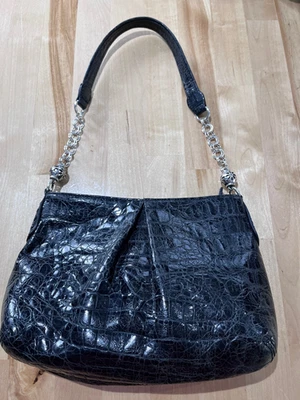 Bolso de mano hobo pequeño de cuero con estampado de serpiente negro BRIGHTON - 9" X 7" Foto 1 de 4