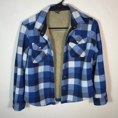 Eddie Bauer 儿童抓绒夹克青少年蓝色格子夏尔巴内衬 10/12 码 — 第 1/4 张图片