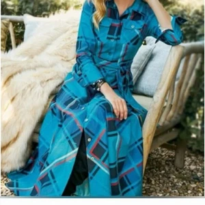 Soft Surroundings Scotia blau kariert Langarm Maxi Prärie Kleid Größe Medium - Bild 1 von 9