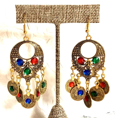 Boho Ethnic Coin Earrings Gold Tone Bollywood Multicolor Dangle Festival Pierced - Image 1 of 4
