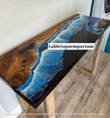 Handmade Ocean Wave Epoxy Coastal Dining Table - River Counter Slab Furniture - Image 1 of 4