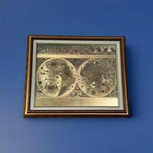 Vintage Gold Foil Blaeu World Map – Framed 25"x21" – Ready to Hang - Picture 1 of 5