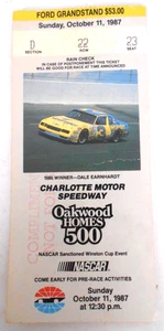 1987 Nascar Oakwood Homes 500  Ticket Charlotte Motor Speedway. Bill Elliott Won - Picture 1 of 2