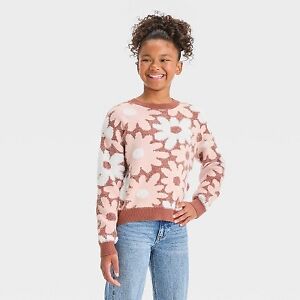 Girls' Fuzzy Pullover Sweater - art class Light Brown Floral L