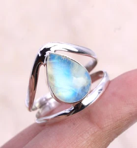 Moonstone Ring Solid 925 Silver Pear Gemstone Shape Beautiful Ring All Size MK* - Picture 1 of 8