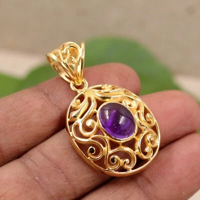 Ciondolo pietra preziosa ametista viola naturale placcato oro 925 gioielli in... - Immagine 1 di 4
