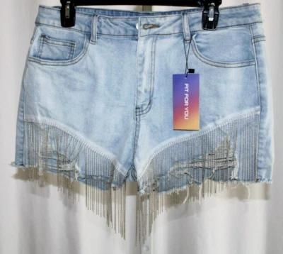 NUEVO Pantalones Cortos Shein Talla 30 Plateados Metal Cuentas Flecos Daisy Dukes Cortos Denim Azul Foto 1 de 4